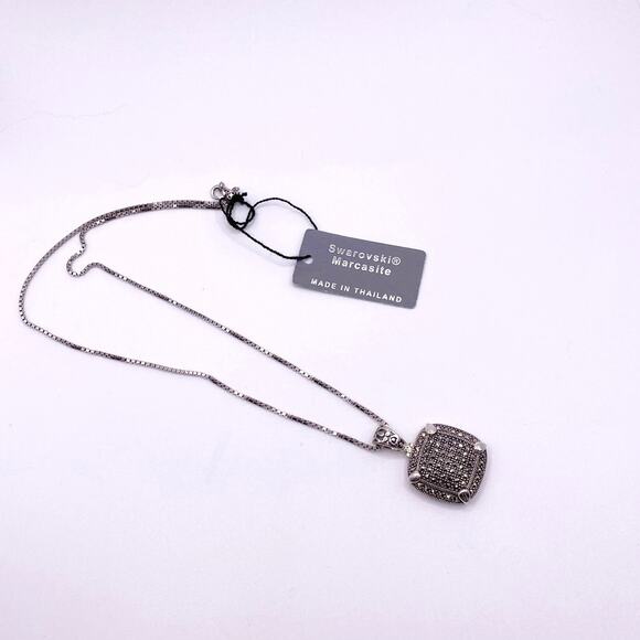 Sterling Silver Necklace with Marcasite Box Pendant 16” New With Tag - Picture 6 of 6